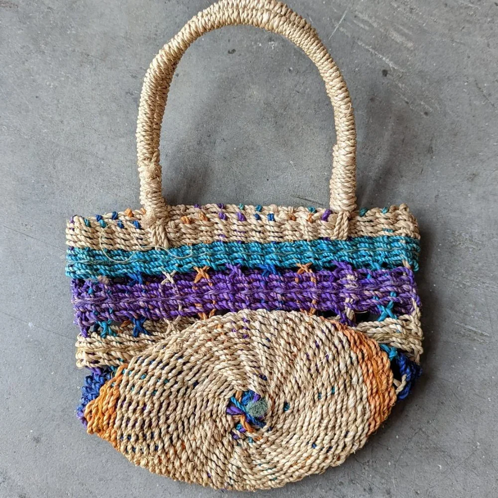 Vintage Colorful Stripe Woven Wicker Straw Mini Tote Raffia Bag